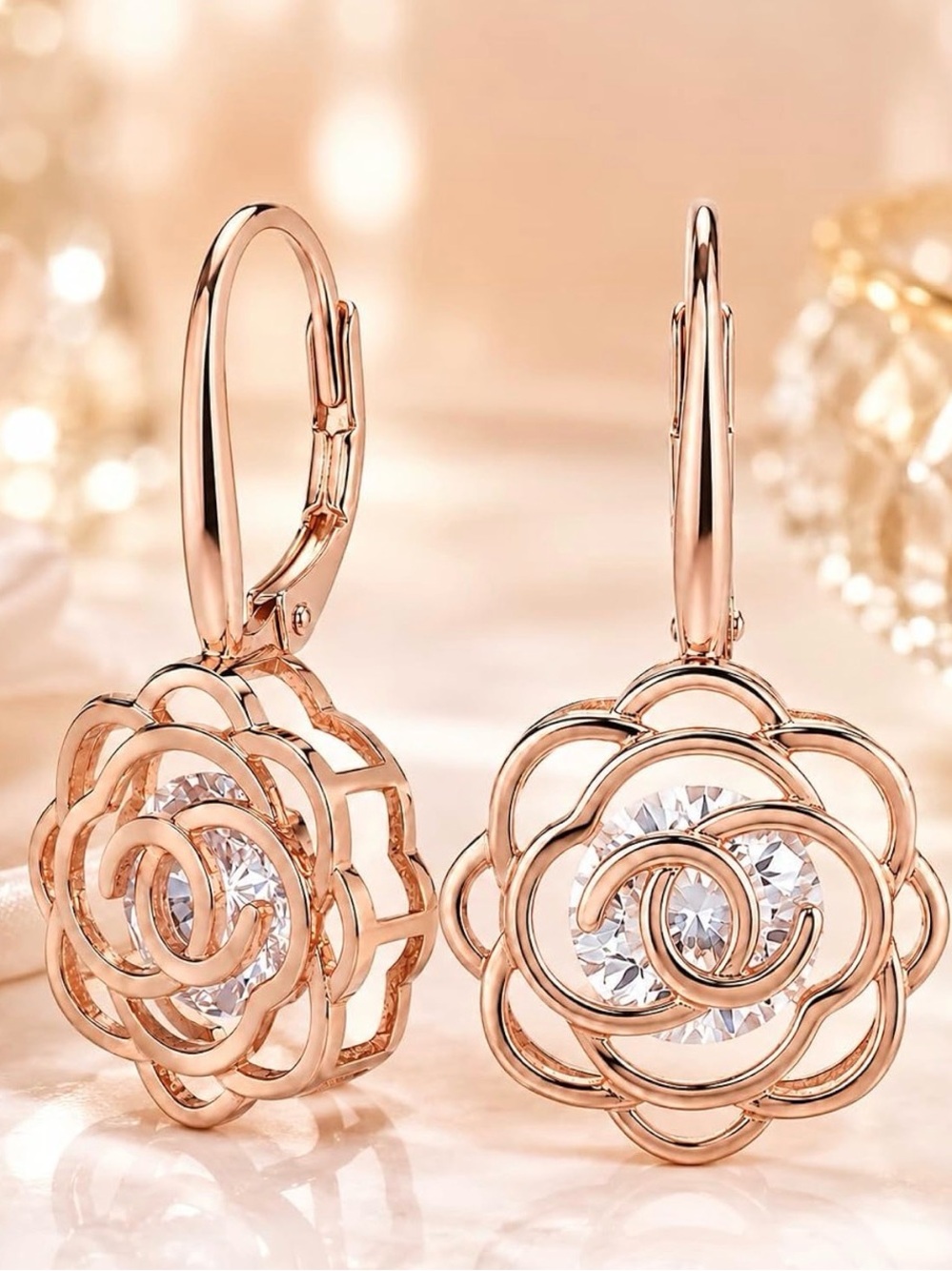 Rose Gold Floral Drop Earrings with Crystal Center